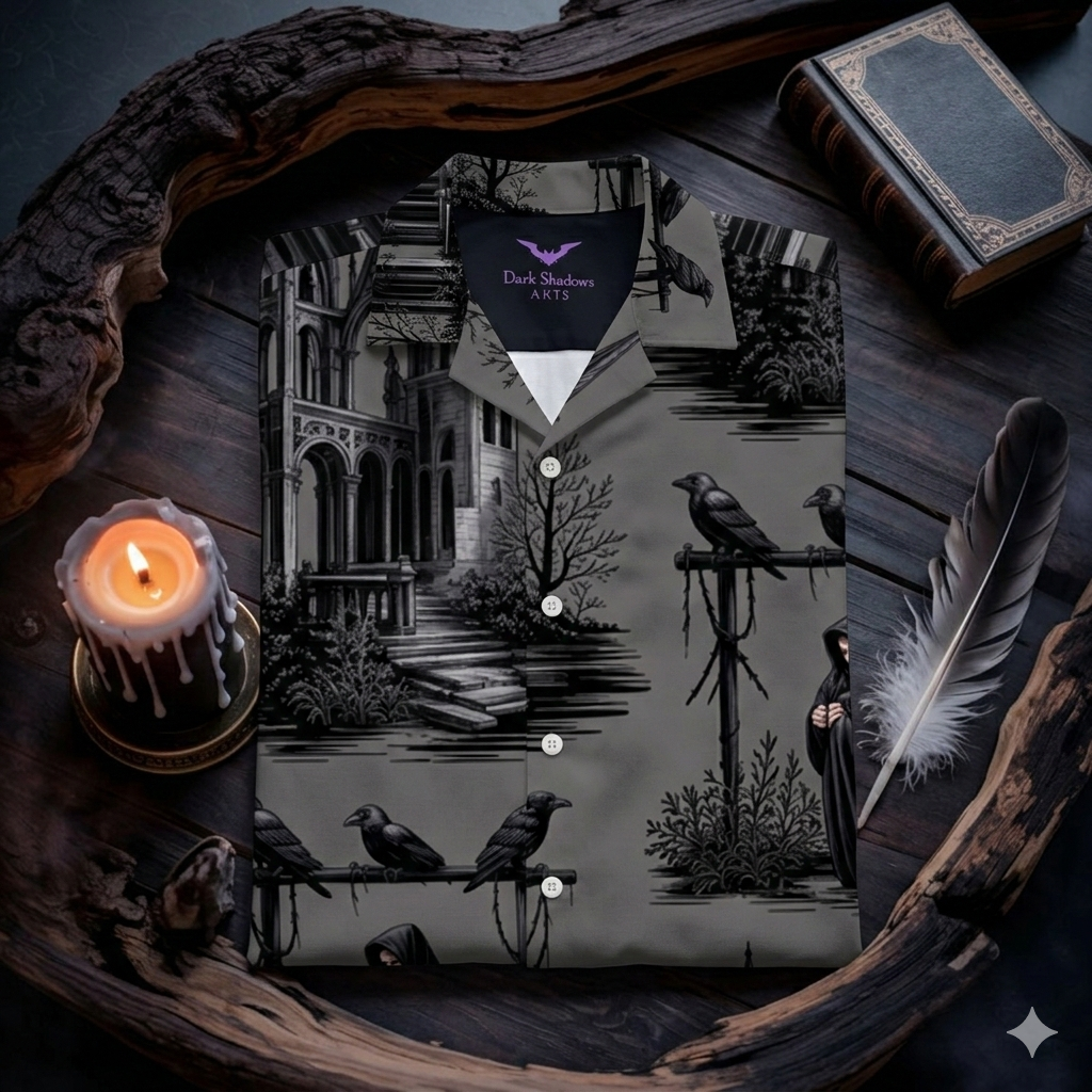 Dunkles Hawaii-Hemd mit Gothic-Muster, Raben und Ruinen, flach liegend neben einer brennenden Kerze auf Holz.