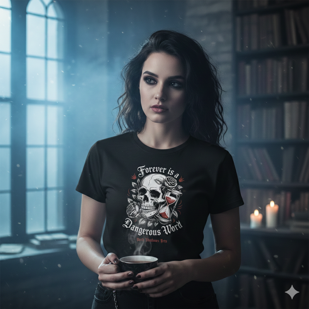 Gothic-Frau trägt T-Shirt mit Totenkopf, Rosen und Sanduhr-Motiv, in dunklem, nebligen Raum