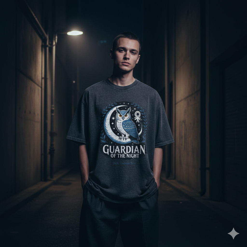 Graues schweres Oversized T-Shirt mit großem mystischen Eulen-Wächter-Motiv von Dark Shadows Arts