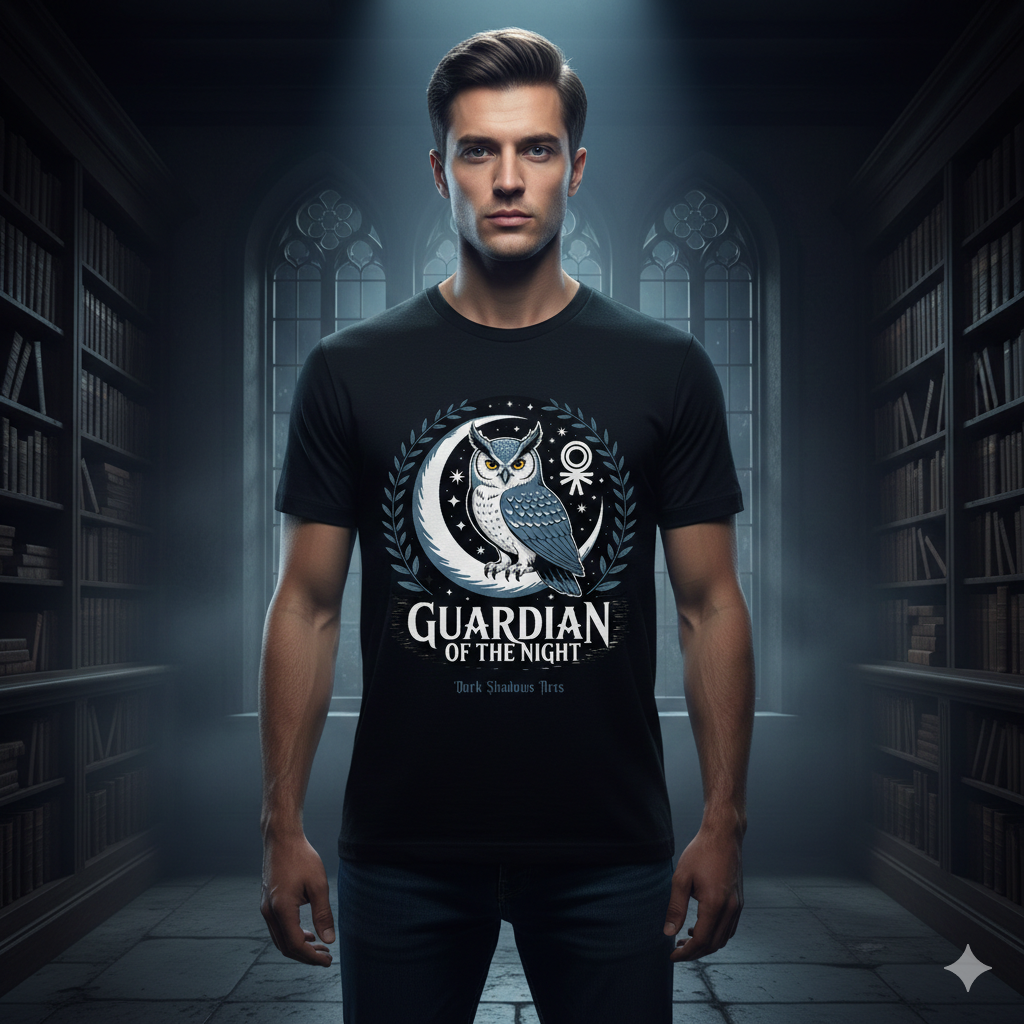 Schwarzes T-Shirt mit mystischer Illustration einer Eule auf einer Mondsichel und dem Schriftzug Guardian of the Night von DSA.