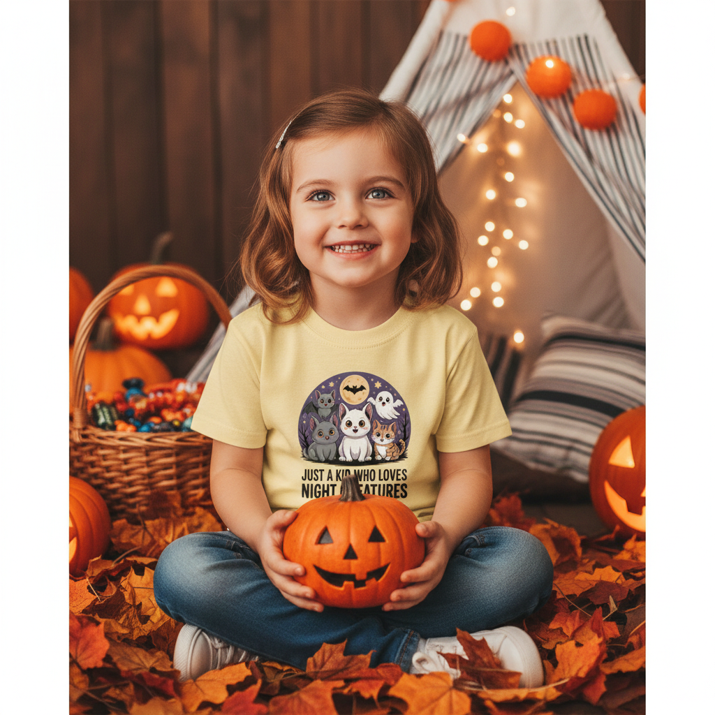Ein fröhliches Kind trägt das Night Creatures Shirt inmitten von Herbst-Dekoration