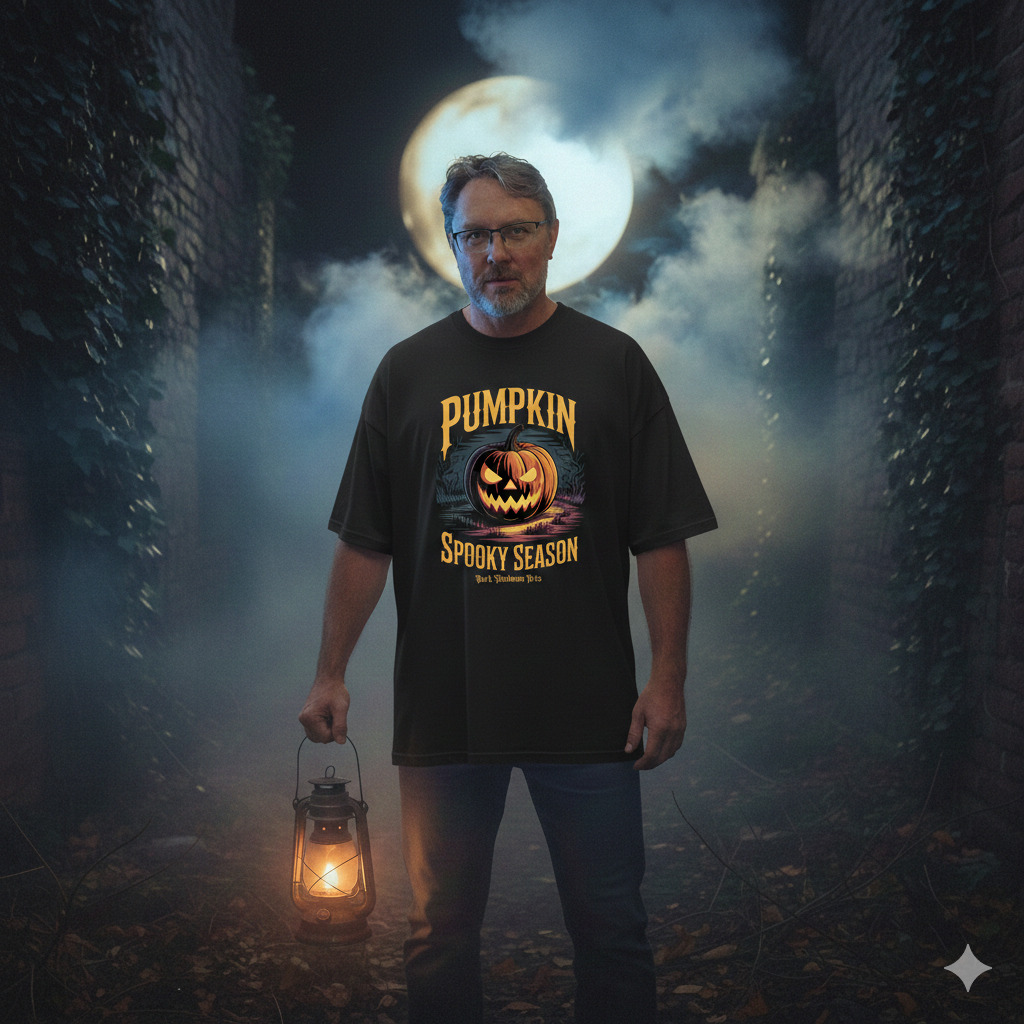 Mann mit Bart in schwarzem oversized Halloween-Shirt hält Laterne in nebliger Ruine bei Vollmond, mystischer Gothic-Look