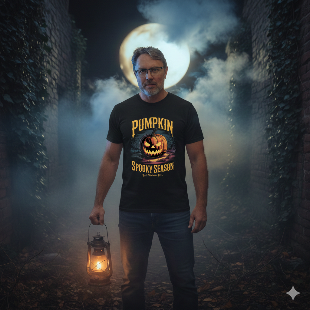 Mann mit Bart in schwarzem Halloween-Shirt hält Laterne in nebliger Ruine bei Vollmond, mystischer Gothic-Look.