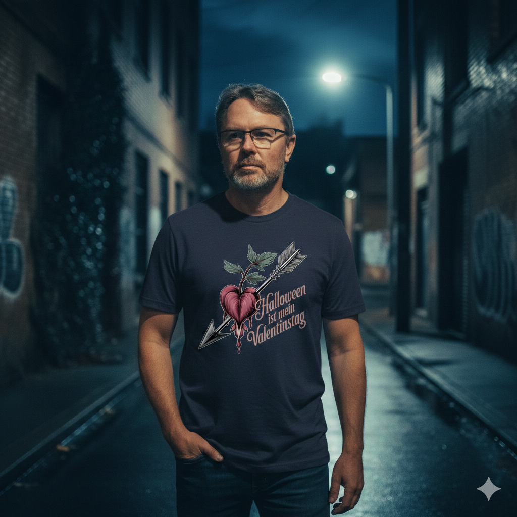 Mann mit Bart in dunkelblauem Gothic-Shirt mit Herz-Motiv in einer nächtlichen, nebligen Gasse mit Chiaroscuro-Licht