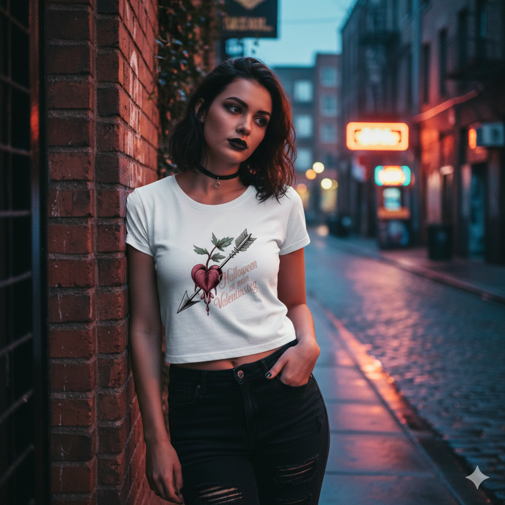 Frau in weißem Cropped Tee mit Gothic Herz-Motiv vor urbaner Betonwand mit Neonlichtern bei Nacht.