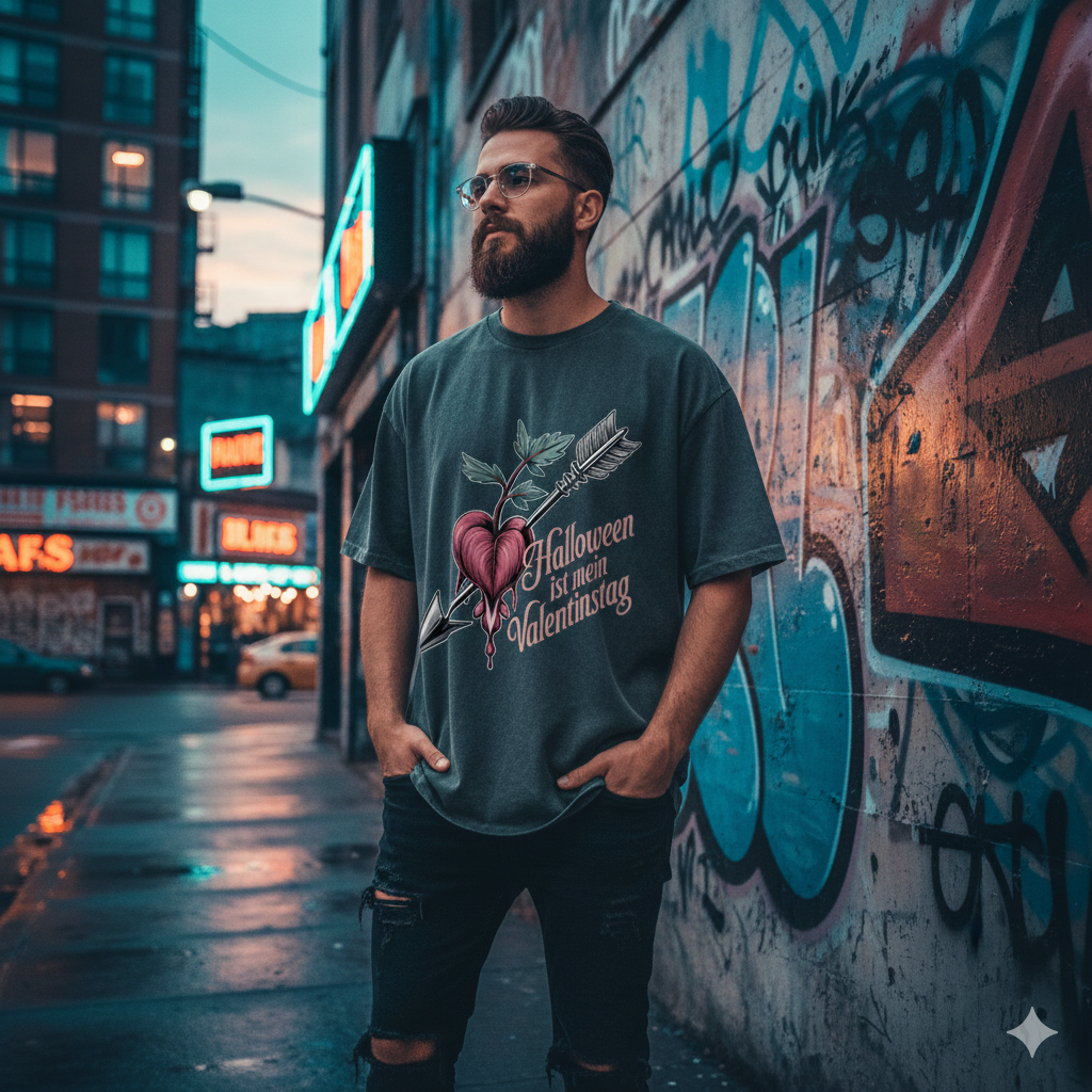 Mann mit Bart in schwarzem Oversized-Gothic-Shirt mit Herz-Pfeil-Motiv in nächtlicher, nebliger Stadt-Kulisse