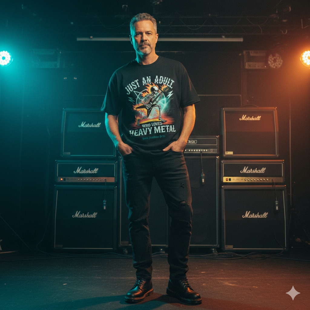 Frontansicht eines massiven schwarzen 240 GSM Oversized Shirts mit Skelett-Gitarrist und „Just an Adult Who Loves Heavy Metal“-Schriftzug