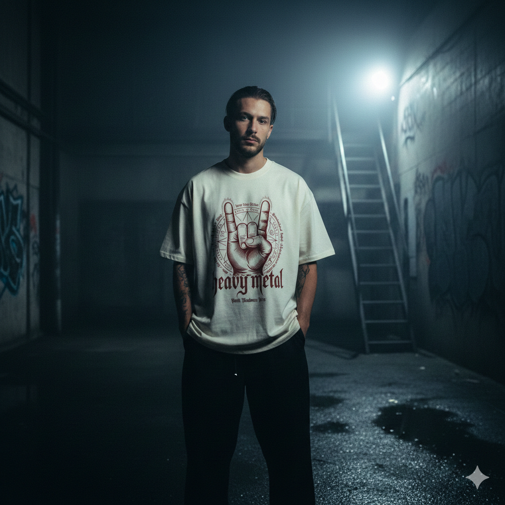 Frontansicht eines massiven schwarzen Oversized Shirts mit rotem Heavy Metal Horns Print auf 240 GSM Premium-Stoff