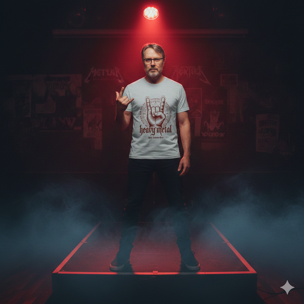 Frontansicht eines schwarzen T-Shirts mit rotem Heavy Metal Horns Motiv und okkultem Kreis vor dunklem Studiohintergrund