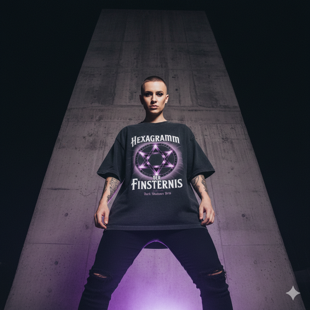Model trägt ein schwarzes Heavy Cotton Oversized Shirt mit violettem Hexagramm-Print vor einer minimalistischen Betonfassade.