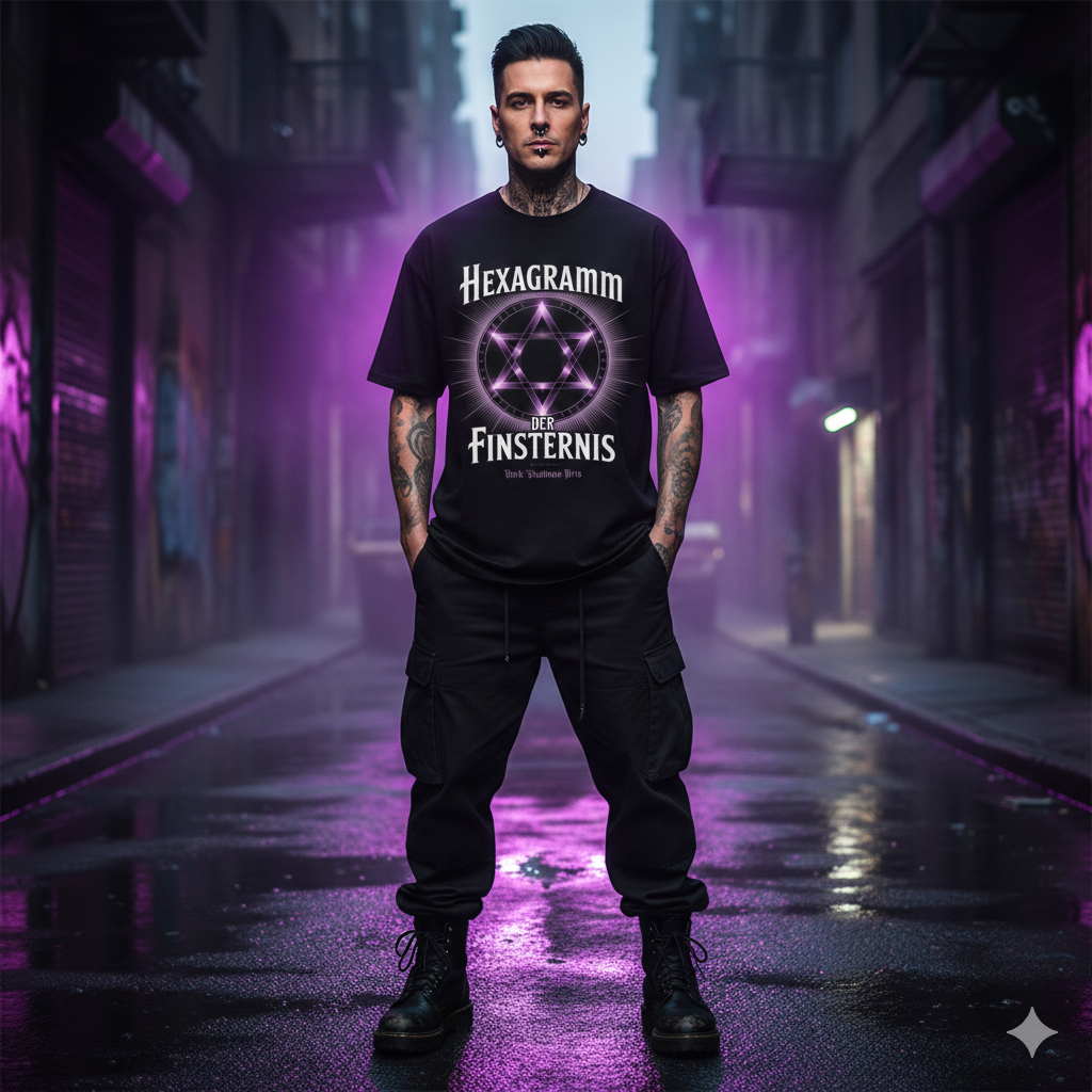 Mystisches schwarzes Premium T-Shirt mit einem violett leuchtenden Hexagramm-Siegel und Runenring vor dunklem, urbanem Hintergrund.