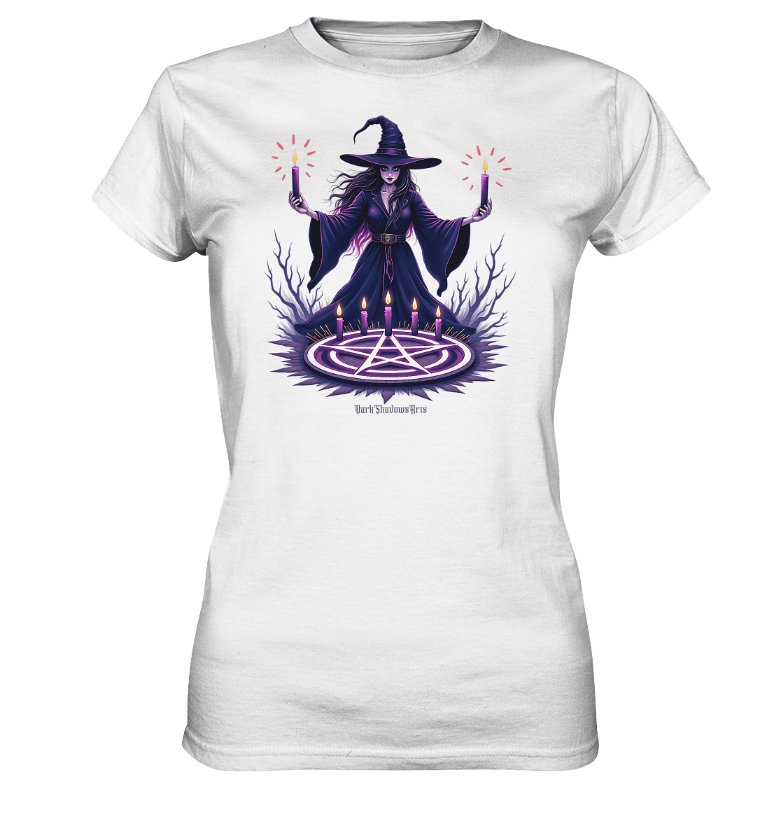 Hexen Illustration mit lila Kerzen und Pentagramm - Ladies Premium Shirt | Lady - Shirts | Dark Shadows Arts