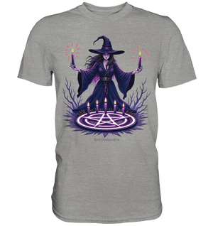 Hexen Illustration mit lila Kerzen und Pentagramm - Premium Shirt | Unisex - Shirts | Dark Shadows Arts