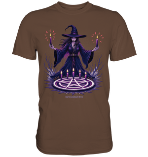 Hexen Illustration mit lila Kerzen und Pentagramm - Premium Shirt | Unisex - Shirts | Dark Shadows Arts