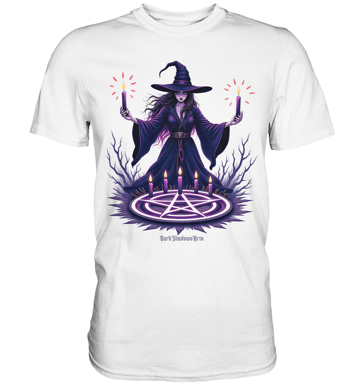 Hexen Illustration mit lila Kerzen und Pentagramm - Premium Shirt | Unisex - Shirts | Dark Shadows Arts