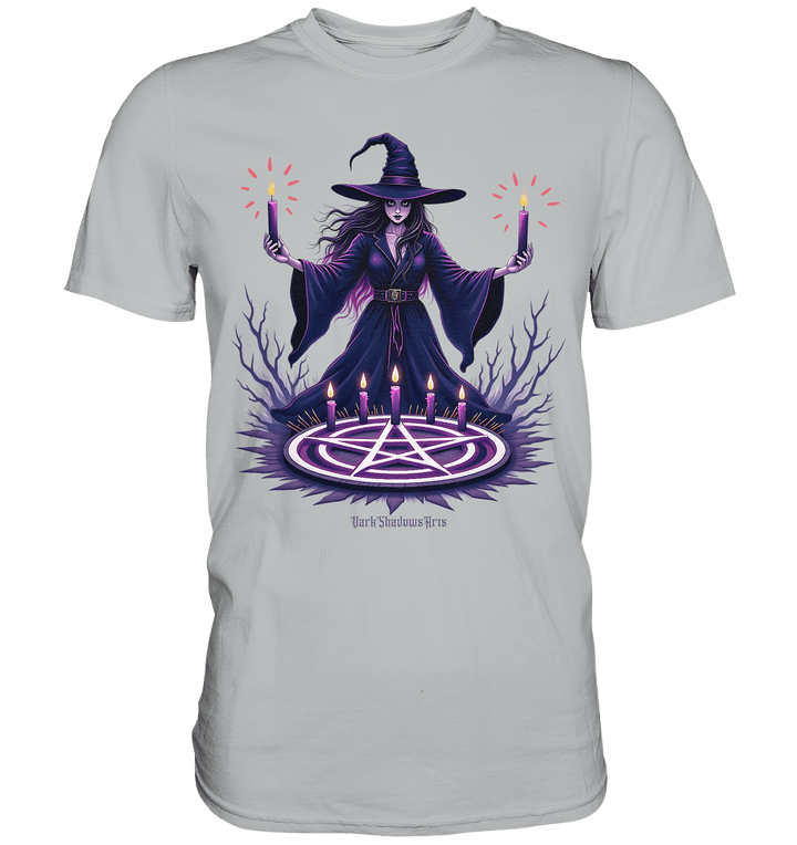 Hexen Illustration mit lila Kerzen und Pentagramm - Premium Shirt | Unisex - Shirts | Dark Shadows Arts