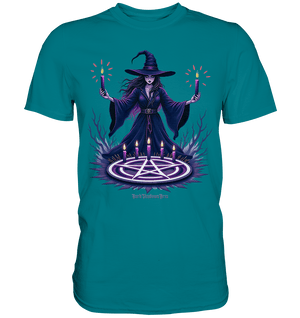 Hexen Illustration mit lila Kerzen und Pentagramm - Premium Shirt | Unisex - Shirts | Dark Shadows Arts
