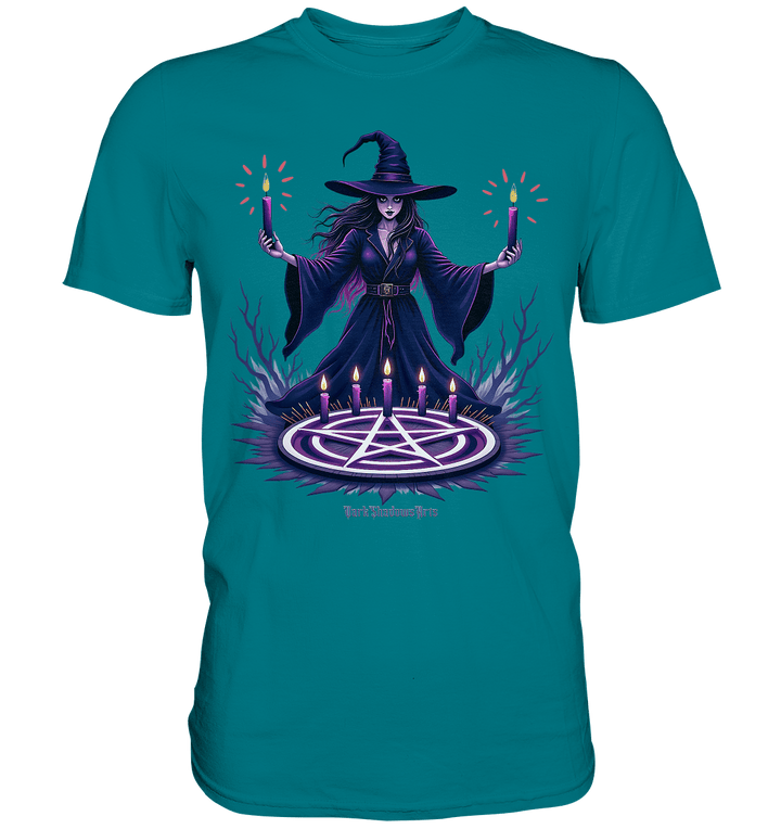 Hexen Illustration mit lila Kerzen und Pentagramm - Premium Shirt | Unisex - Shirts | Dark Shadows Arts