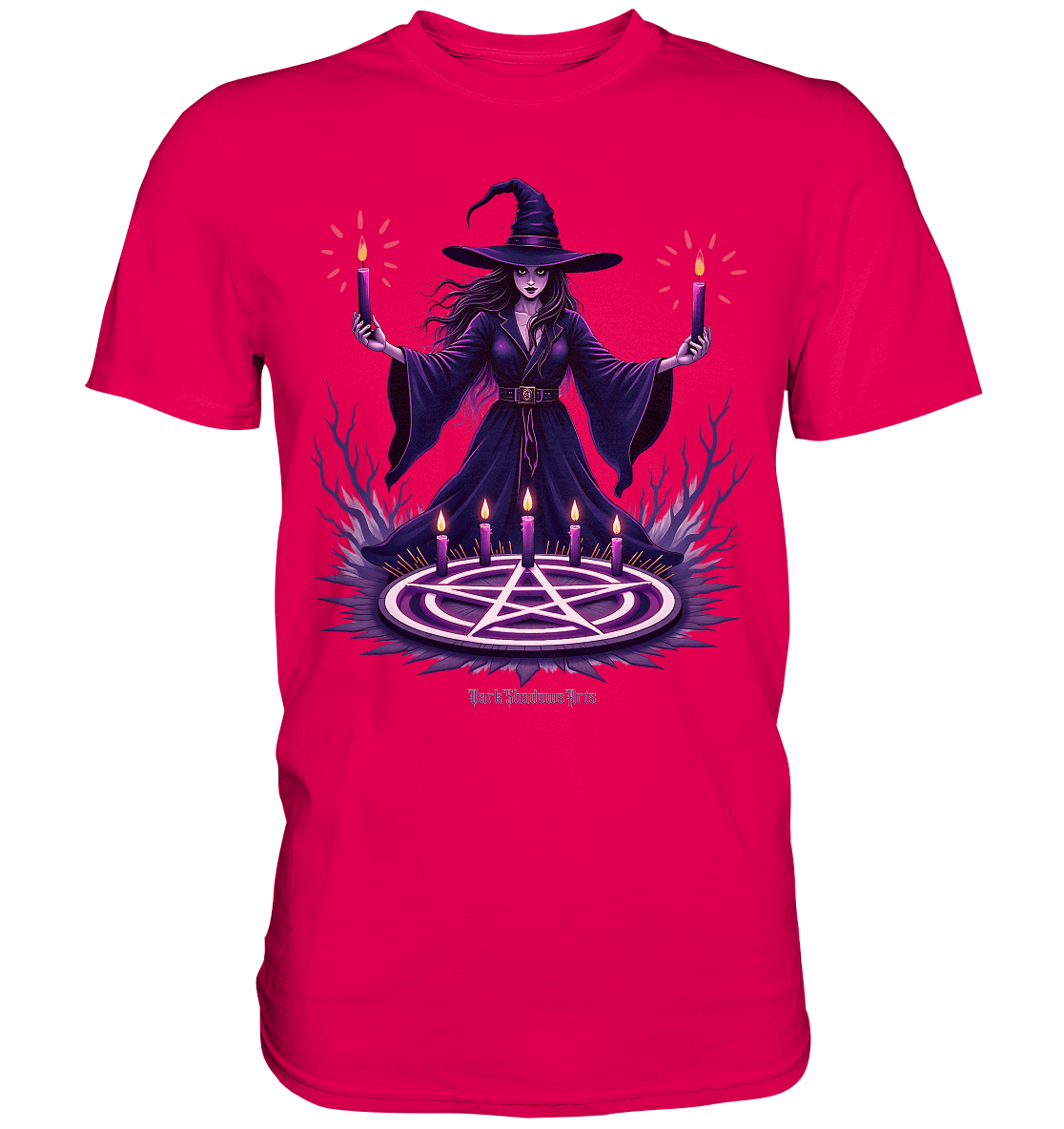 Hexen Illustration mit lila Kerzen und Pentagramm - Premium Shirt | Unisex - Shirts | Dark Shadows Arts