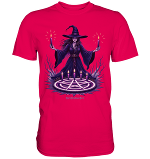 Hexen Illustration mit lila Kerzen und Pentagramm - Premium Shirt | Unisex - Shirts | Dark Shadows Arts