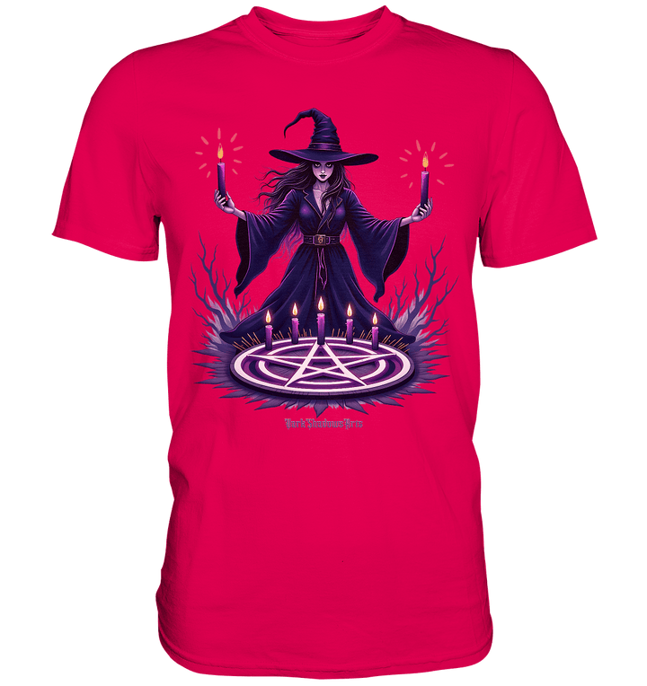 Hexen Illustration mit lila Kerzen und Pentagramm - Premium Shirt | Unisex - Shirts | Dark Shadows Arts