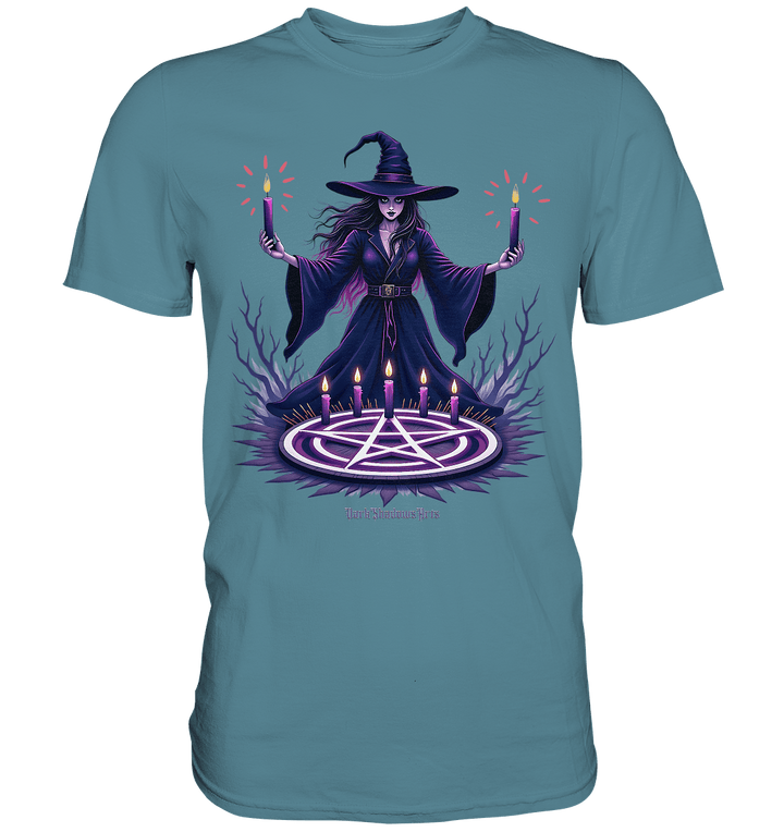 Hexen Illustration mit lila Kerzen und Pentagramm - Premium Shirt | Unisex - Shirts | Dark Shadows Arts