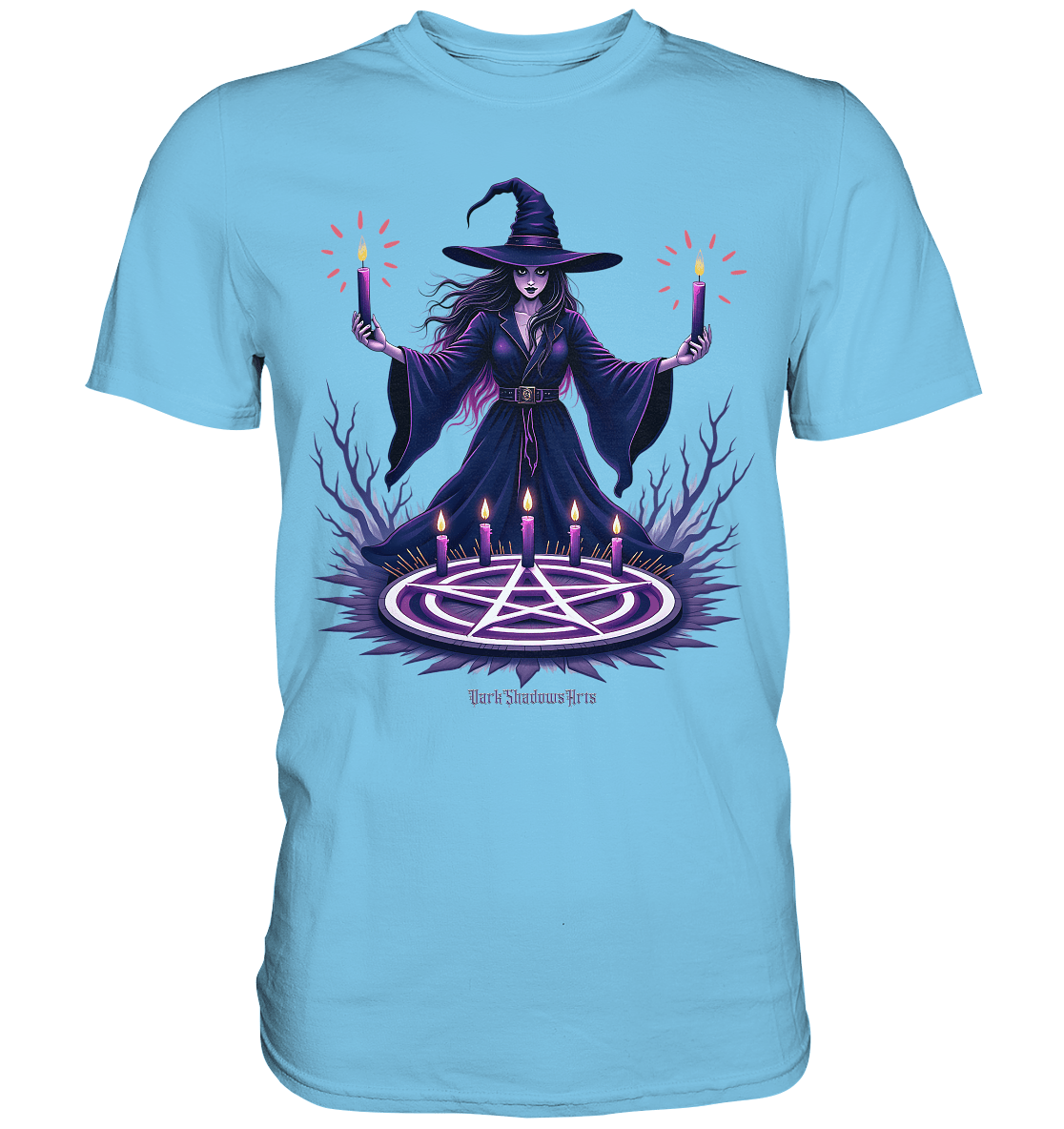 Hexen Illustration mit lila Kerzen und Pentagramm - Premium Shirt | Unisex - Shirts | Dark Shadows Arts