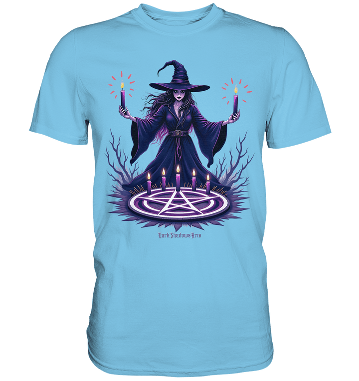 Hexen Illustration mit lila Kerzen und Pentagramm - Premium Shirt | Unisex - Shirts | Dark Shadows Arts