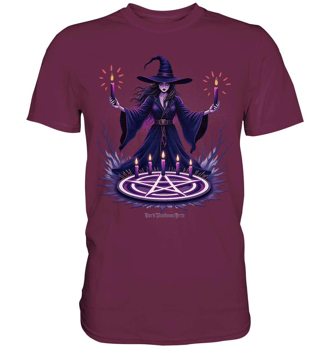 Hexen Illustration mit lila Kerzen und Pentagramm - Premium Shirt | Unisex - Shirts | Dark Shadows Arts