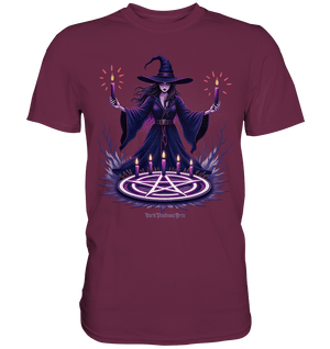 Hexen Illustration mit lila Kerzen und Pentagramm - Premium Shirt | Unisex - Shirts | Dark Shadows Arts