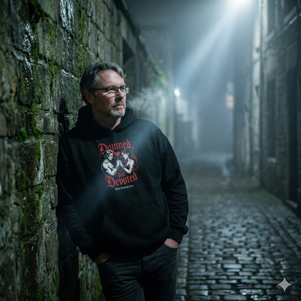 Mann in nebliger Gasse trägt schwarzen Hoodie mit rotem 'Damned but Devoted' Print und Ketten-Motiv