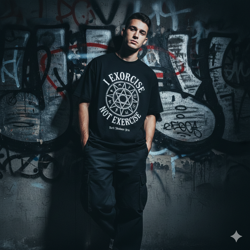 Frontansicht eines schwarzen 240 GSM Oversized Shirts mit dem weißen runden Emblem-Druck „I Exorcise Not Exercise“.