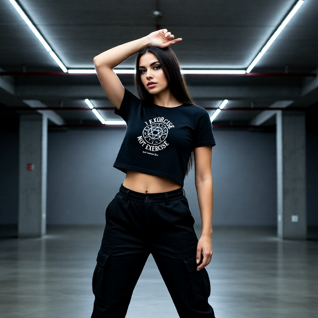 Frontansicht eines schwarzen Ladies Cropped Tees mit weißem Rund-Siegel-Print „I Exorcise Not Exercise“ auf 180 GSM Single Jersey.2