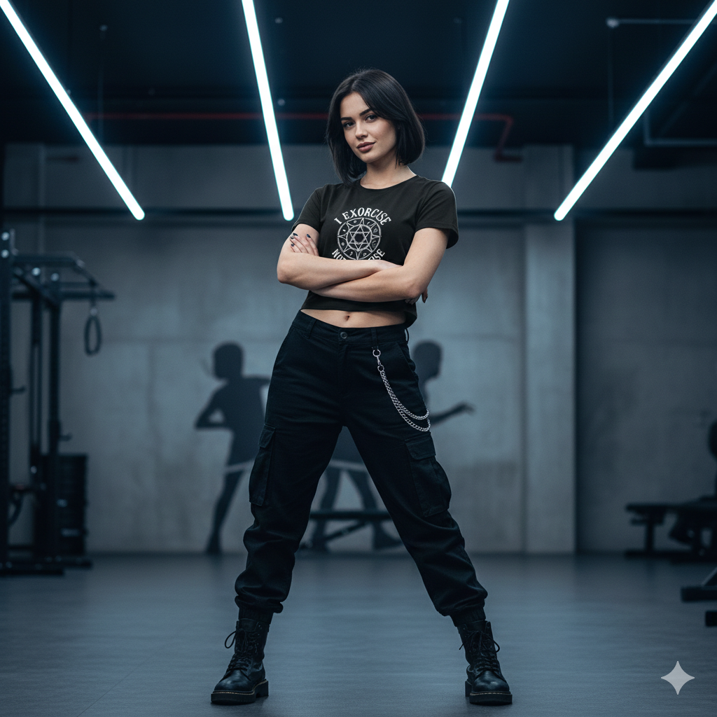 Frontansicht eines schwarzen Ladies Cropped Tees mit weißem Rund-Siegel-Print „I Exorcise Not Exercise“ auf 180 GSM Single Jersey.