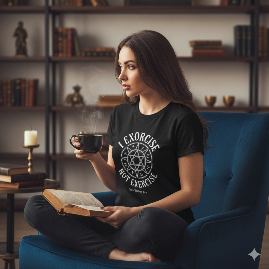 Frontansicht eines schwarzen Bio-Baumwoll-Shirts für Damen mit dem runden „I Exorcise Not Exercise“ Emblem-Druck.