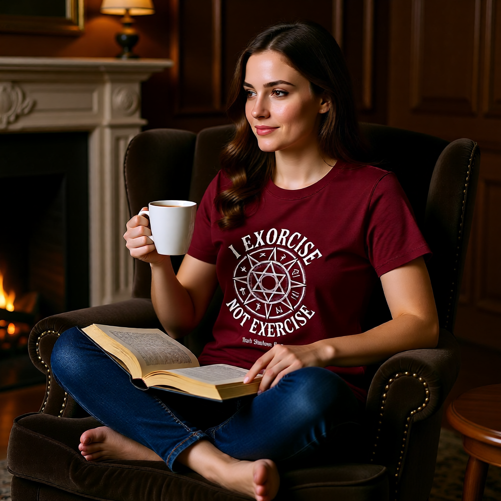 Frontansicht eines roten Bio-Baumwoll-Shirts für Damen mit dem runden „I Exorcise Not Exercise“ Emblem-Druck.