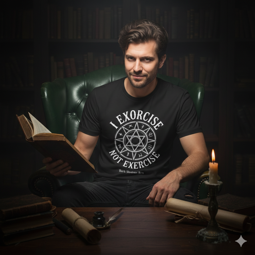 Frontansicht eines schwarzen T-Shirts mit dem runden Siegel-Motiv „I Exorcise Not Exercise“ und einem Hexagramm