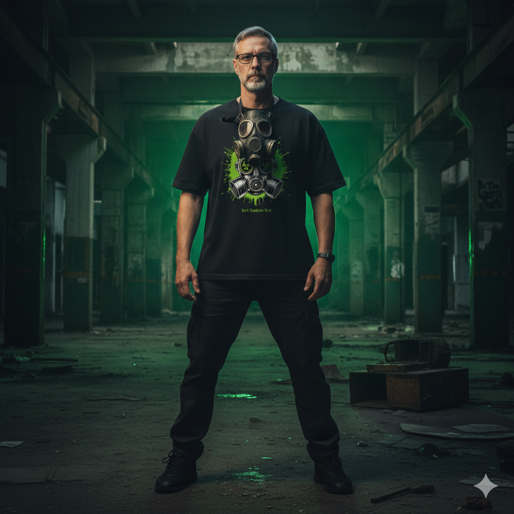 Schwarzes Heavy Oversized T-Shirt mit neon-grünem Gasmasken-Motiv und Biohazard-Symbolen.