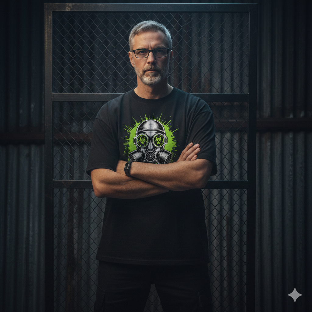 Hochwertiges schwarzes Premium T-Shirt mit einem detaillierten Gasmasken-Druck und giftgrünem Neon-Splash-Effekt