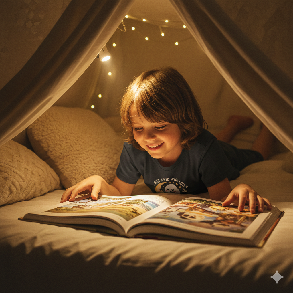 Ein schlafender Geist mit einem Buch und ein lächelnder Mond auf einem beigen Kinder T-Shirt