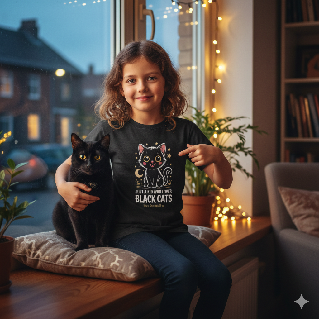 Ein schwarzes Kätzchen mit großen Augen vor einem gelben Mond auf einem Kinder T-Shirt