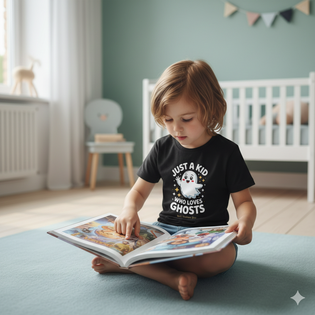 Ein freundlich lächelnder Comic-Geist mit Sternen auf einem Kinder T-Shirt von Dark Shadows Arts.