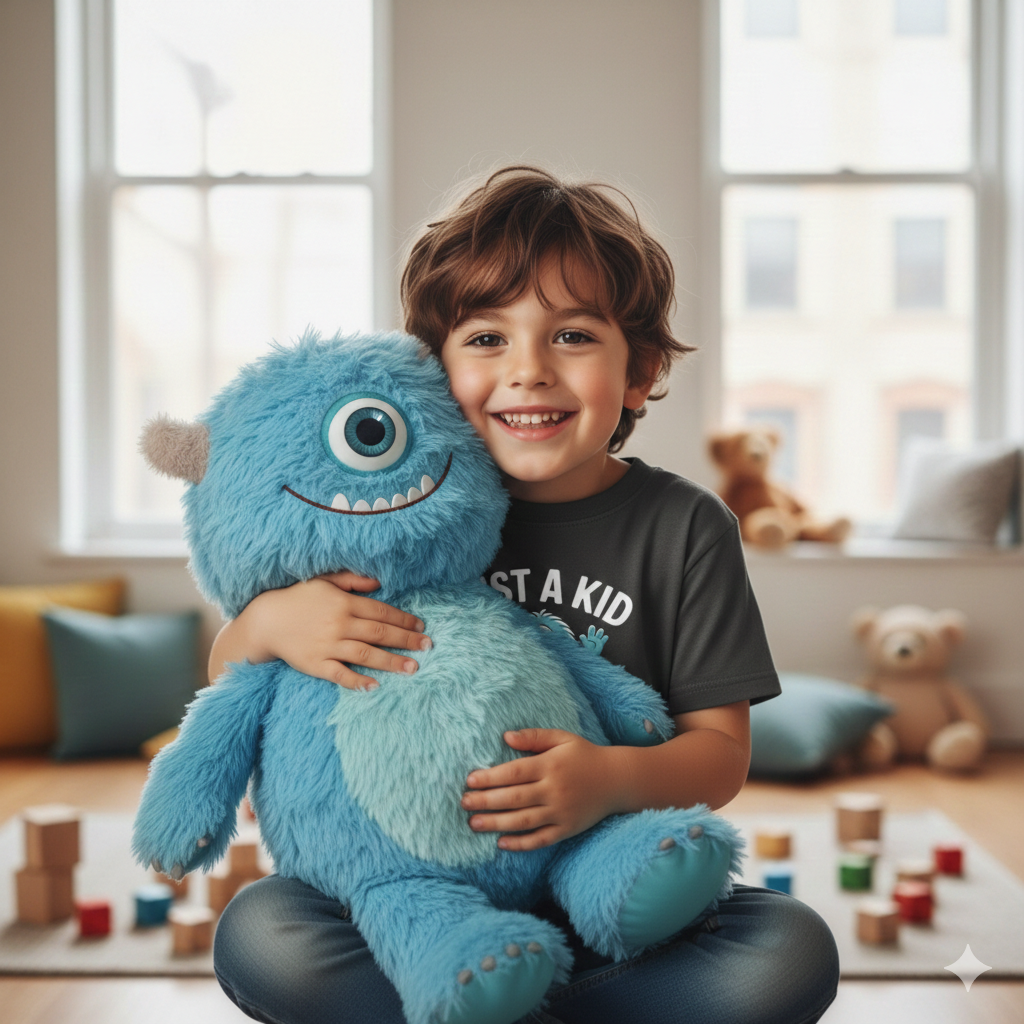 Schwarzes Kinder T-Shirt mit Illustration eines süßen, winkenden einäugigen Monsters.