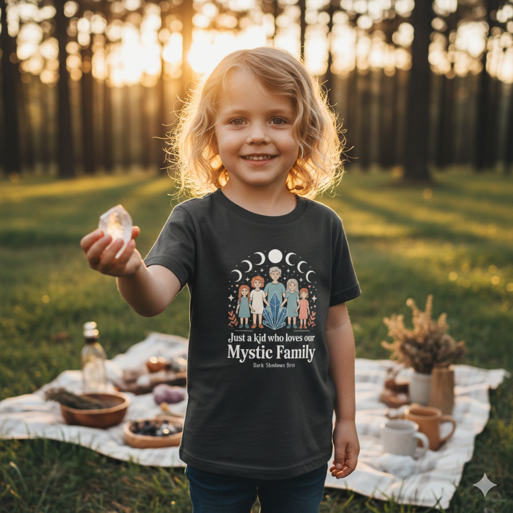 Fünf illustrierte Familienmitglieder unter Mondphasen mit einem zentralen Kristall auf einem Kinder T-Shirt