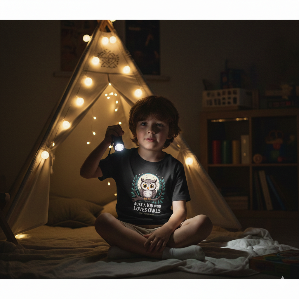 Eine Illustration einer Eule auf einem Ast vor einem Vollmond auf einem Kinder T-Shirt von Dark Shadows Arts.