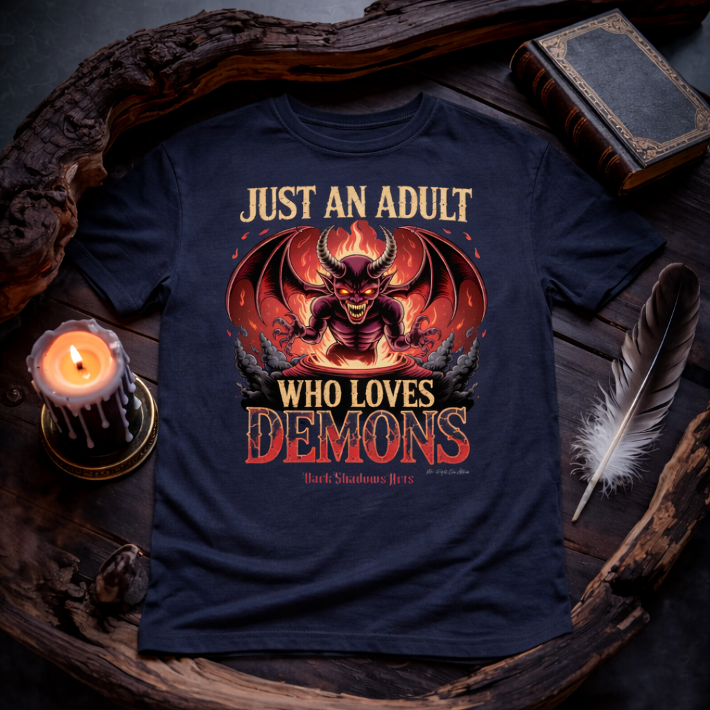 Just an Adult Who Loves Demons Premium T-Shirt von Dark Shadows Arts im düsteren Flatlay Mockup mit Kerzenlicht, altem Buch und mystischer Atmosphäre – Demon Motiv mit Flammen und Hörnern auf navyblauem Shirt