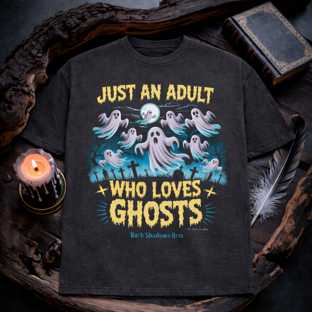 Just an Adult Who Loves Ghosts Heavy Cotton Oversized Shirt von Dark Shadows Arts im düsteren Flatlay Mockup mit Kerzenlicht, altem Buch und mystischer Atmosphäre – Geister über Friedhof unter Vollmond auf charcoal grauem Oversized Shirt