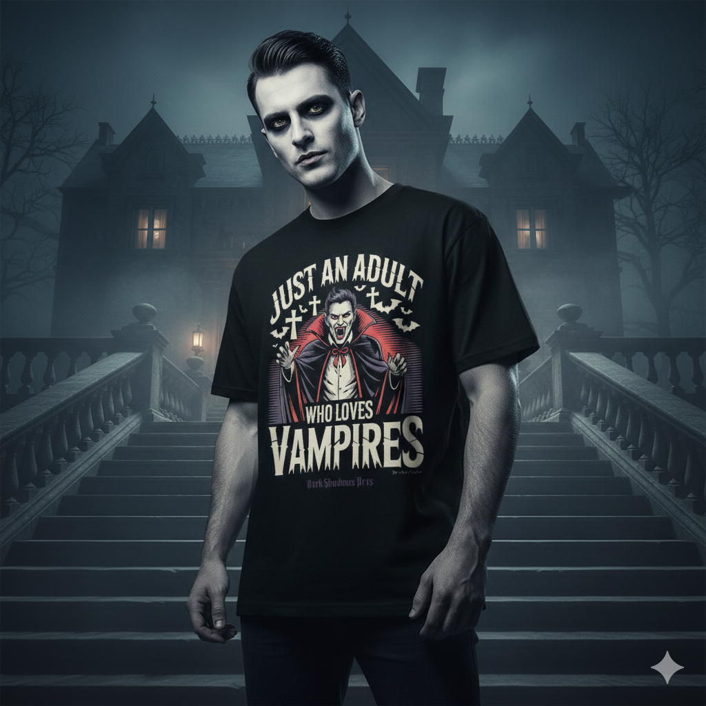 Schwarzes T-Shirt mit klassischem Vampir-Motiv, rotem Umhang und dem Schriftzug Just an Adult Who Loves Vampires von Dark Shadows Arts