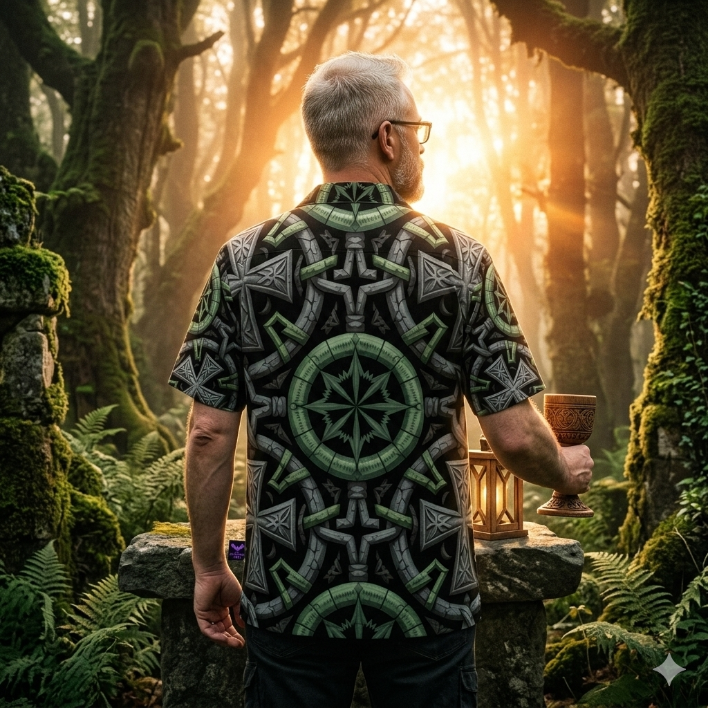 Rückansicht des DSA Hawaii-Hemds mit großflächigem Allover-Print aus okkulten Symbolen und Granit-Textur.