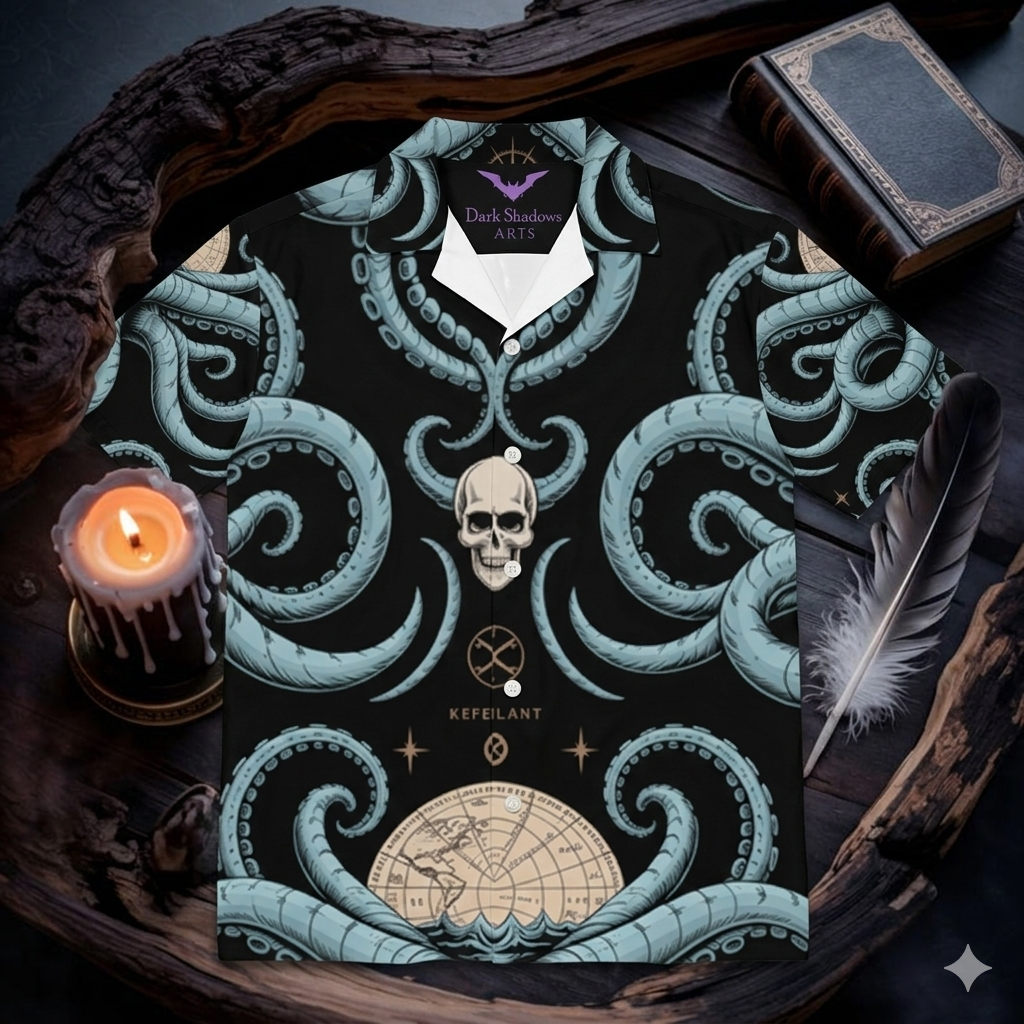 Ein kurzärmeliges Hawaiihemd mit einem komplexen Muster aus hellblauen Kraken-Tentakeln, einem Totenkopf in der Mitte und einer antiken Weltkarte am unteren Saum. Das Hemd liegt flach in einem atmosphärischen Mockup-Setting auf dunklem Holz, flankiert von einer brennenden Kerze, einer weißen Feder und einem alten Buch